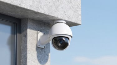A close-up of a modern dome CCTV camera mounted on a clean concrete architectural corner, clear daylight, sharp focus, 35mm lens