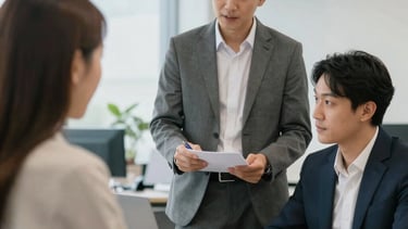 A professional consultant advising a small business owner in an office setting