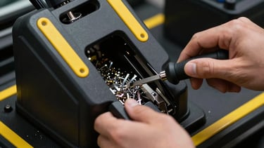 Macro shot of hands using a high-tech key cutting machine inside a modern mobile workshop van, focused lighting on metallic shavings, yellow safety accents