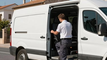 Clean and professional photography of a white transport van parked in a sunny residential street in Santander, Spain. A professional worker in neat attire is closing the back door of the van. The scene is bright and conveys reliability and efficiency. Deep blue and soft light blue sky in the background.