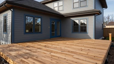 A crisp, professional wide shot of a newly constructed modern North American house featuring a spacious custom timber deck. The lighting is bright and clear morning sun, highlighting the high-quality craftsmanship and wood textures. The color palette includes slate gray siding and steel blue trim accents. North American / US architectural setting.