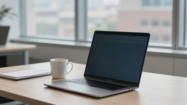 A professional North American / US office setting during the day. A clean, modern minimalist wooden desk features a sleek laptop, a white ceramic coffee mug, and a small notebook. Large windows in the background reveal a blurred urban landscape. The lighting is soft and natural, emphasizing a modern work environment with steel blue and off-white color tones.