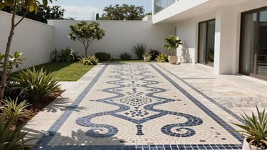 A wide shot of a modern European patio with a custom-designed mosaic walkway, surrounded by minimalist landscaping and white architectural walls under bright sunlight.