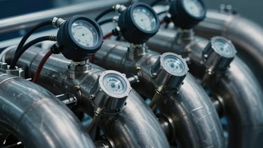 Close-up of a stainless steel manifold with electronic sensors connected to the IEX-100 system. Cinematic lighting with a focus on dark blue and metallic textures.