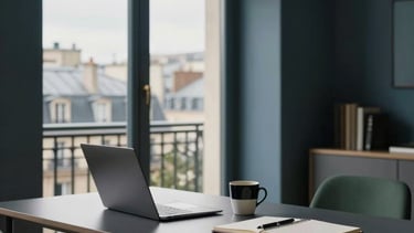 A high-end, contemporary workspace in Paris, France. A minimalist desk featuring a laptop, a coffee mug, and a notebook, with a view of Parisian rooftops through a large window. The atmosphere is professional and bright with soft natural daylight. Colors include dark charcoal, muted blue, and slate green.