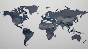 Wide panoramic flat-lay world map rendered in deep navy and steel-gray tones, accent-blue routing lines connecting port nodes across Asia-Pacific, Europe, Africa, and the Americas, node markers at major cargo hubs including Shanghai, Rotterdam, Durban, and Houston, clean cartographic style with no decorative embellishment, overcast documentary lighting