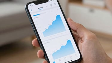 Close-up photography of a person's hands holding an Android phone in a modern US living room. The screen shows a beautiful finance app with interactive light blue charts.
