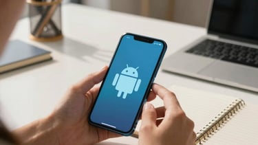 Photography of a person sitting at a desk with an Android phone and a notebook. The room is a bright, modern workspace in a US city. The lighting is warm and inviting.