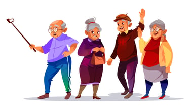 A group of active cartoon senior citizens smiling, waving, and holding a selfie stick.