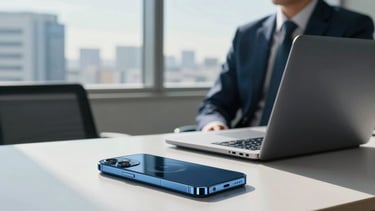 Photography of a professional South American business environment, a clean and modern office desk in Sao Paulo featuring a high-end smartphone and a laptop, soft morning sunlight through large windows, deep blue and light blue color palette, professional and trustworthy atmosphere.