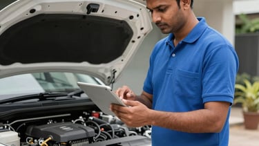 A professional South Asian / Indian mechanic using a tablet to diagnose a white sedan in a clean, modern driveway in Bangalore. He is wearing a professional blue polo shirt. Bright daylight, cinematic photography, sharp focus on the technician.