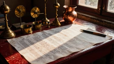 A traditional consultation desk in Amritsar with hand-drawn birth charts, antique brass instruments, and a copper vessel under soft golden hour sunbeams cutting through the window, warm heritage photography