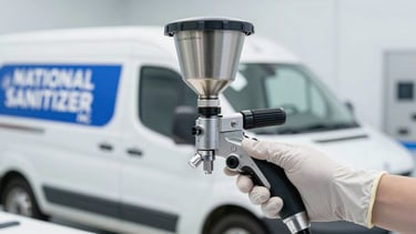 Close-up detail shot of a specialized industrial electrostatic spraying equipment being used by a gloved hand, with a branded NATIONAL SANITIZER, INC. vehicle visible in the background, bright high-key lighting, clean sterile environment, sharp focus, realistic documentary style, 35mm