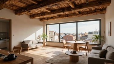 Interior de ático dúplex en Barcelona, techos altos con vigas restauradas, gran luminosidad diurna, mobiliario de diseño nórdico.