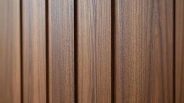 Straight-on architectural detail shot of premium walnut wood veneer panels showing perfectly aligned vertical grains, soft side-lighting, 35mm