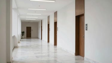A professional wide shot of a modern courthouse hallway in Brazil. White marble floors, clean walls, and a sense of solemnity and justice. Bright, natural lighting.