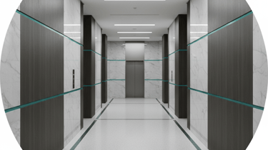 Modern luxury elevator lobby with marble walls, dark wood panels, and linear recessed ceiling lighting.