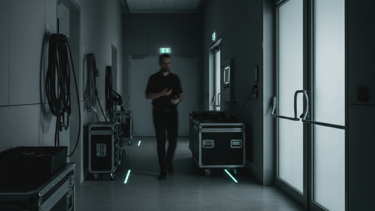 A man walks through a dimly lit backstage corridor with flight cases and neon safety lighting.