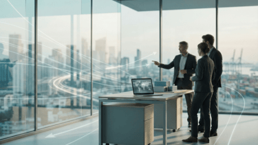 Business professionals in a high-rise office analyze global logistics and digital data overlay.
