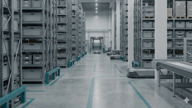 Automated warehouse with industrial shelving units and robotic transport vehicles for smart logistics.