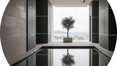 Luxury modern indoor reflection pool with a minimalist olive tree and ocean view through floor-to-ceiling windows.
