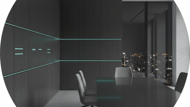 Modern futuristic conference room with dark wood paneling, neon lights, and a city view.