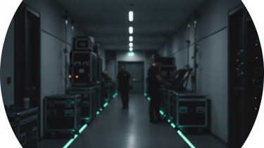 Technicians working in a data center hallway with server equipment and neon floor lighting.