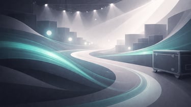 Abstract digital illustration of a glowing event stage road with teal light trails and concert spotlights.