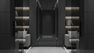 Modern luxury office interior with black wood panels, neon floor lighting, and glass doors.