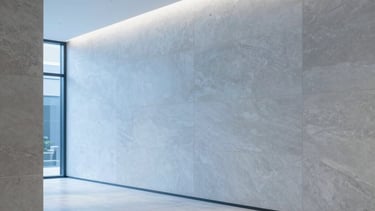 Clean architectural shot of a minimalist office lobby with soft blue lighting and stone textures, sophisticated and professional, East Asian / Japanese.