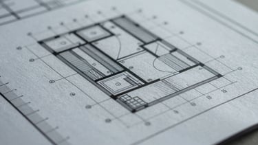 Extreme close-up of a technical blueprint with precise measurements and architectural details, sharp focus, desaturated slate tones, cool overcast daylight.