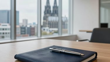 A sophisticated and minimalist office interior in Cologne, Germany, reflecting professional asset management. A large window overlooks the skyline. On a polished wooden table sits a dark navy leather portfolio and a premium silver fountain pen. The lighting is bright and clear, utilizing a color palette of off-white, muted blue, and navy. Central European setting, architectural photography style.