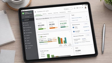 QuickBooks Online dashboard displayed on a tablet for small business accounting and financial tracking.