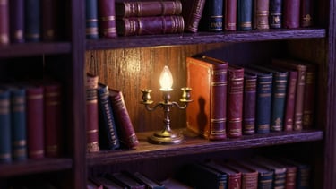 Extreme macro shot of a miniature gothic library diorama, tiny hand-bound leather books on dark oak shelves, a microscopic brass candelabra glowing softly, 35mm film.