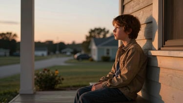 A serene North American porch at sunset where a child sits quietly, the warm light catching the texture of their clothing, inspired by cinematic realism.
