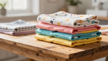 Close-up of vibrant, colorful pet fabrics stacked neatly on a rustic wooden table in a bright, sun-drenched Ottawa sewing studio, warm natural light