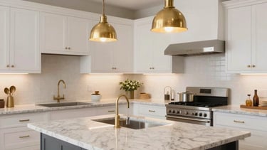A bright, airy North American kitchen featuring sleek white cabinetry, a large central island with quartz countertops, and modern brass pendant lights.