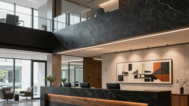 An expansive, modern office lobby in North America with high ceilings, featuring a custom-designed reception desk made of dark stone and wood, complemented by contemporary art and architectural lighting.
