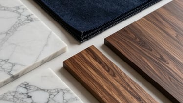 Close-up of high-quality interior materials including dark navy textile swatches, polished marble samples, and walnut wood finishes arranged neatly on a designer's table in a North American studio.