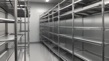 Heavy-duty steel racks loaded with organized coldroom goods.