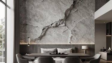 A rock in the interior. The interior is modern, with a rock on one of the walls made to look like a 