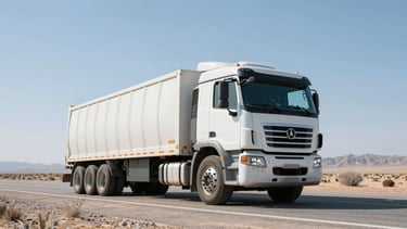 Low-angle powerful shot of a clean heavy-duty freight truck on an open desert highway under sharp morning daylight, cool blue tones