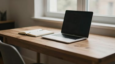 Wide environmental shot of a wooden desk bathed in soft diffused window light, an open laptop, a closed notebook, desaturated earthy tones, 35mm shallow depth of field.