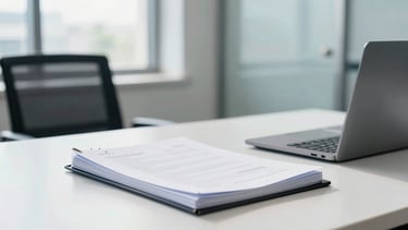 A bright, modern corporate office in Bengaluru, clean desk with legal ledgers and a laptop, bright natural daylight, cool blue tones, 35mm lens