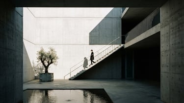 Minimalist concrete architectural courtyard with sharp diagonal shadows, high-contrast gallery lighting, 35mm photography