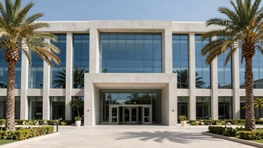 A clean architectural perspective of a modern executive education campus in Casablanca, concrete and glass facade, bright natural daylight, palm trees framing the entrance, 35mm corporate editorial photography.