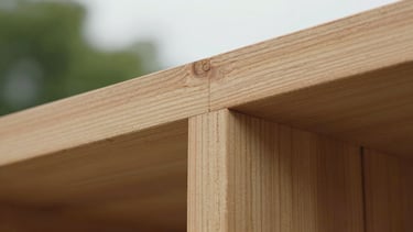 Extreme close-up of tight wood joinery on clear-grade cedar, showing precise craftsmanship and grain, soft diffused light. Architectural photography.