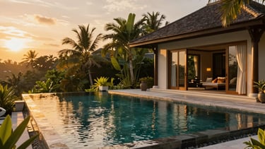 An expansive luxury private villa in Bali with a sparkling infinity pool reflecting the golden sunset, lush tropical foliage, 35mm