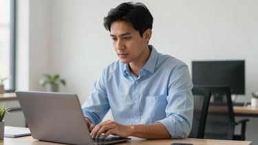 A professional South American IT consultant working on a modern laptop in a clean, brightly lit office environment. The scene uses a palette of light blue and charcoal gray, conveying trust and efficiency through a sharp, high-resolution photography style.