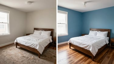 Side-by-side before-and-after pair of an Airbnb bedroom: left half shows a worn, unmade room with scuffed walls and stained carpet; right half shows the same room fully cleaned, freshly painted walls, polished floor, crisp white linen — even natural daylight, no people, tight full-room documentation framing